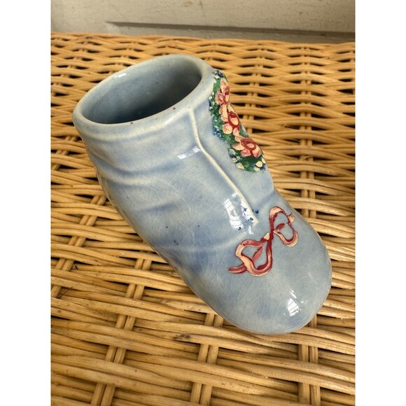 Vintage 50's Blue Shoe Pair Planter Vases Hand Painted Roses - Picture 11 of 13